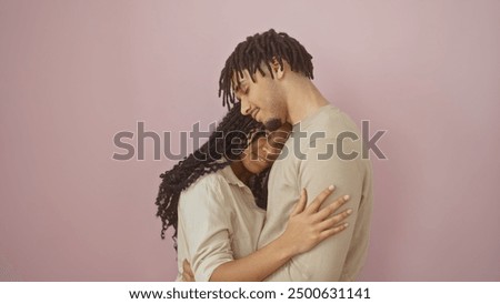 Similar – Image, Stock Photo Ethnic couple embracing against mirror in garden