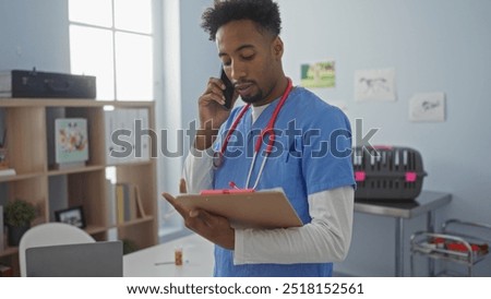 Similar – Image, Stock Photo young veterinarian man reading documents about illness of a cute small dog.on white background. Indoors