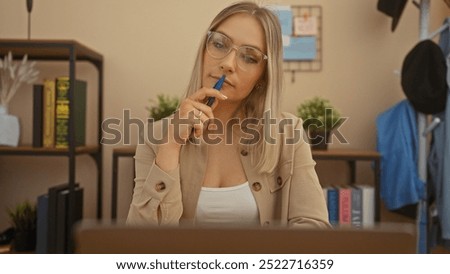 Similar – Image, Stock Photo Blonde Caucasian woman works from her home office