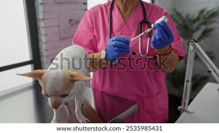 Similar – Image, Stock Photo Female veterinarian preparing dog for operation