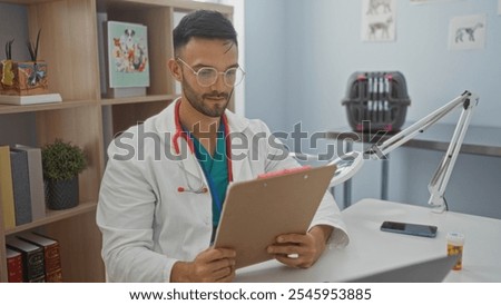 Similar – Image, Stock Photo young veterinarian man reading documents about illness of a cute small dog.on white background. Indoors