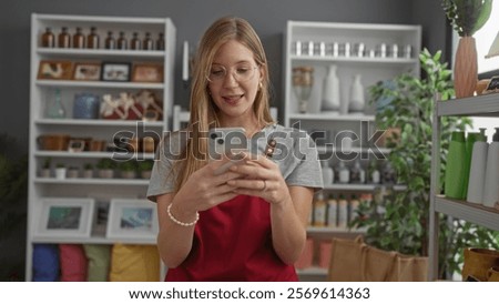 Similar – Image, Stock Photo Stylish woman browsing smartphone against sky