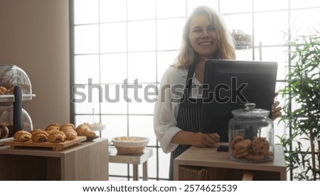 Similar – Image, Stock Photo Blonde Caucasian woman works from her home office