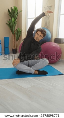 Similar – Image, Stock Photo Flexible young yogi man standing on beach