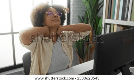 Similar – Foto Bild Serene schwarze Frau in der Nähe von Fenster zu Hause