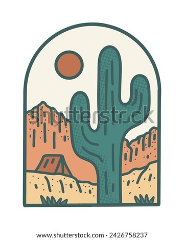 Camp on wild desert mono line vector design for t shirt badge patch sticker illustration