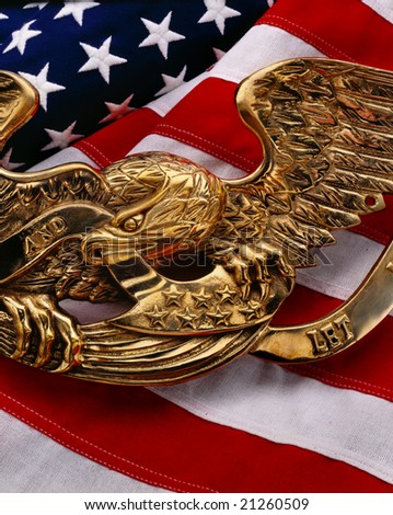 American flag with gold eagle symbol on top