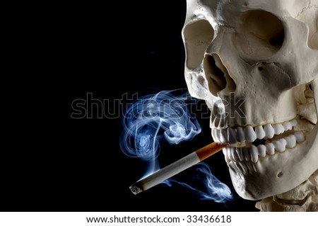 Cigarette dangling from a skeletons mouth with smoke curling up