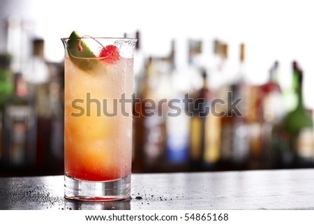 colorful, chilled  mixed drink on bar