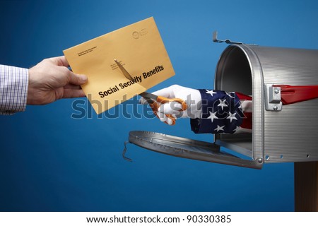 Uncle Sam comes out of mailbox to cut social security envelope, includes space for copy