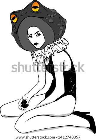 A fashionable girl is posing with frog mask on the white background. Isolated illustration. Vector illustration.