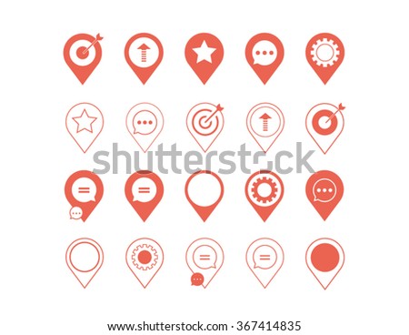 Set of graphic, icons, design elements and web buttons. Coral location pin marker and business logos in vector format.