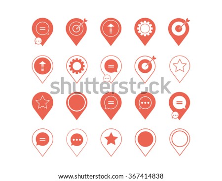 Set of graphic, icons and design elements and web buttons. Coral location pin marker and business logos in vector format.