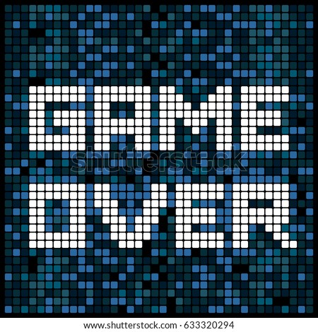 Video game pixel background texture in blue. Vector light bitmap pattern backdrop game over message.