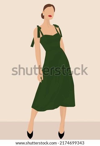 Vector flat image of a cute lady in a green midi dress and black shoes. A young girl in a beautiful dress. Design for postcards, avatars, posters, backgrounds, templates, textiles, portraits.