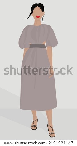 Vector flat image of a young girl with red lips and dark hair. Girl in a midi dress and sandals. Design for postcards, avatars, backgrounds, templates, textiles, banners.