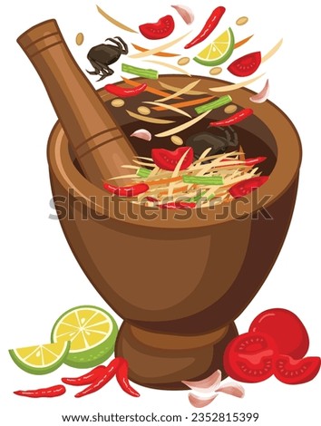 Thai food, Somtum, Papaya salad and ingredients pepper, tomato, lemon and garlic on white background.