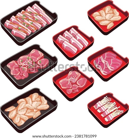 vector set of Shabu menu.pork meat, beef, chicken, seafood ingredient illustration.
shabu, sukiyaki, moo kra ta.