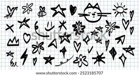 Set of grunge vector illustrations. Elements drawn with pencil. Punk doodle icons for stickers.