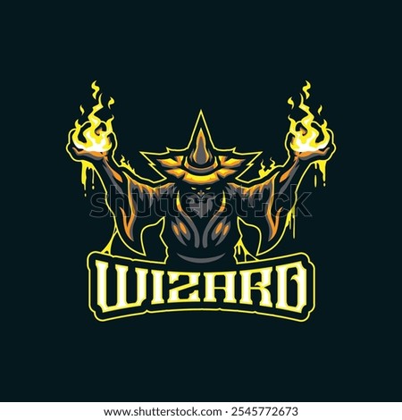 Wizard mascot logo design vector. Angry wizard illustration with fire in hand.