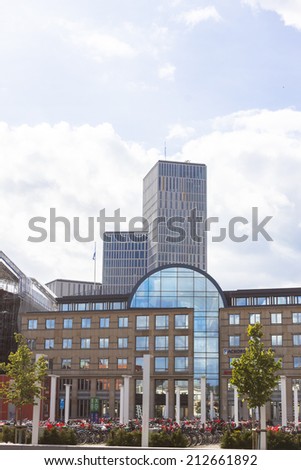 MALMO SWEDEN - AUGUST 20, 2014: The new city complex MALMO LIVE, here together with old buildings, during construction in Malmo Sweden, August 20, 2014. The block will be complete the summer 2015.