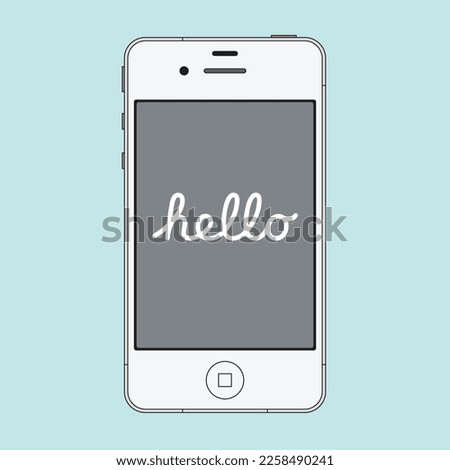 iPhone outline vector illustration with a blue background, displaying the text 'Hello,' suitable for educational, work, and commercial purposes.