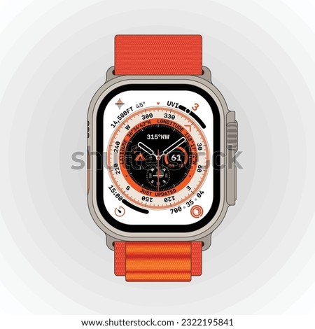 Apple Watch Ultra outline vector illustration with a gradient grey to white background, displaying futuristic digital watch face. Suitable for educational, work, and commercial purposes.