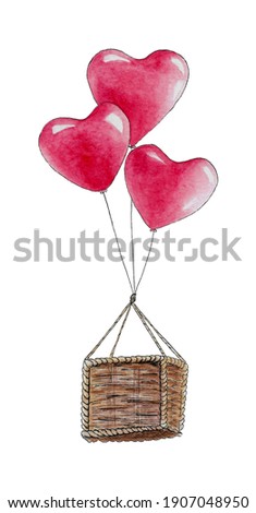 Watercolor balloons in the shape of hearts tune in a romantic mood