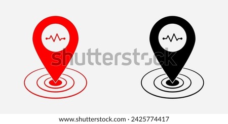 Earthquake epicenter location cordinat icon set. Seismic activity isolated on white background. GPS navigation element. Seismic activity on disaster. Earthquake epicenter illustration on red and black