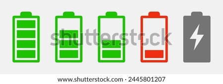 
Battery charge indicator icons. Phone charge level. Discharged and fully charged battery. Battery charge from high to low.