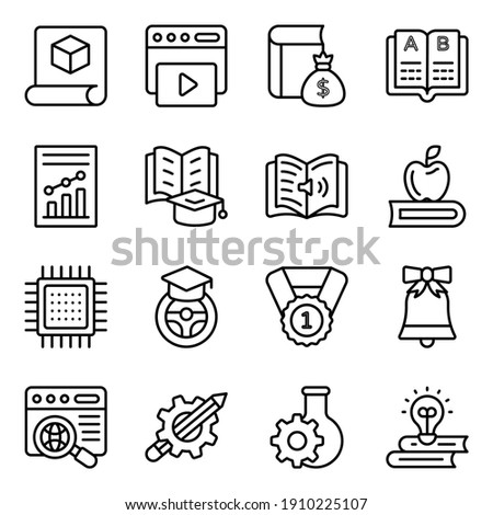 Surf through this wide range of icons of education offered in linear style. Each line icon in this pack is unique, different and creatively designed to make your projects more user friendly.
