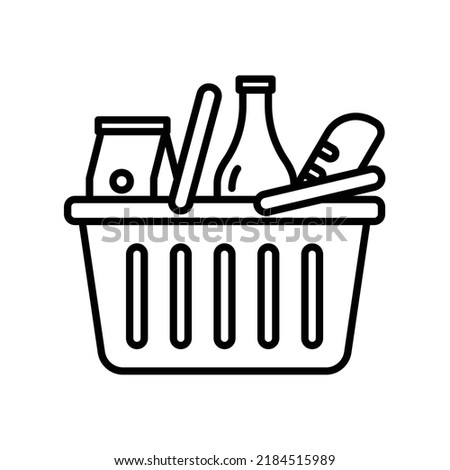 Basket icon with milk package, bottle and bread in black outline style