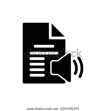 Audiobook icon or read aloud with text paper page and speaker in black solid style