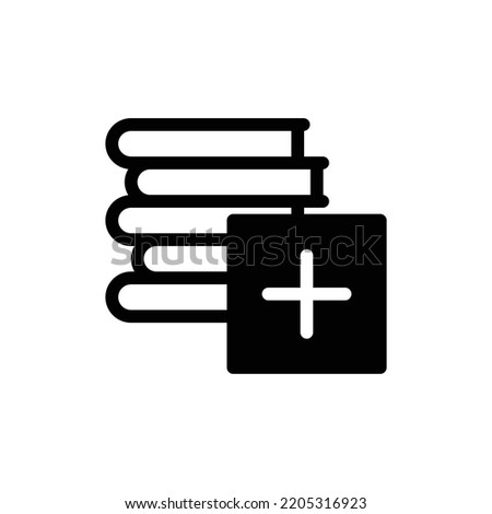 Add to reading list icon with books and plus sign in black solid style