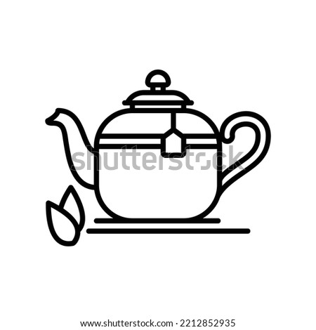 Teapot icon with tea bag and leaves in black outline style