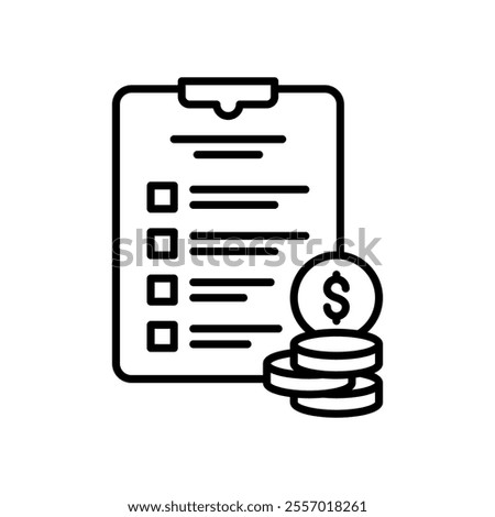 Checklist icon for payment with dollar coins and clipboard
