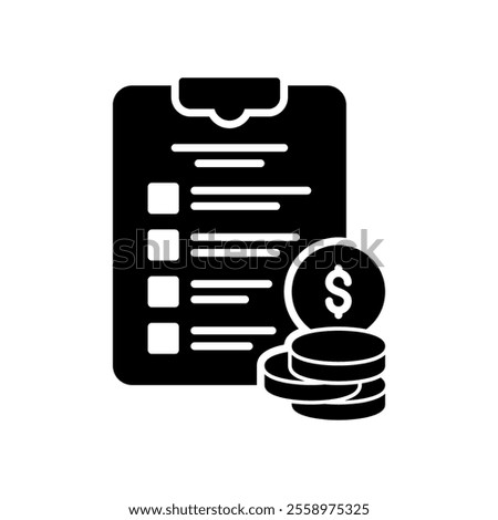 Checklist icon for payment with dollar coins and clipboard
