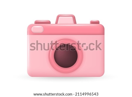 Photo camera. Pink gadget with lens and buttons. 3d vector icon. Cartoon minimal style. Realistic isolated vector