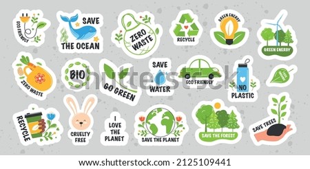 Collection of ecology stickers with slogans - zero waste, recycle, eco friendly, go green, save water, cruelty free, bio, save the ocean, no plastic. Modern isolated vector badges for web and print.