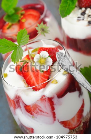 Assorted Strawberry Dessert closeup with flowering topping