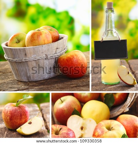 Collage of fresh apples and freshly squeezed juice at a rustic farmers market in a healthy diet or agricultural concept