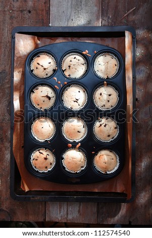 Overhead view of a baking tray with freshly baked muffins from the oven cooling on an old wooden surface