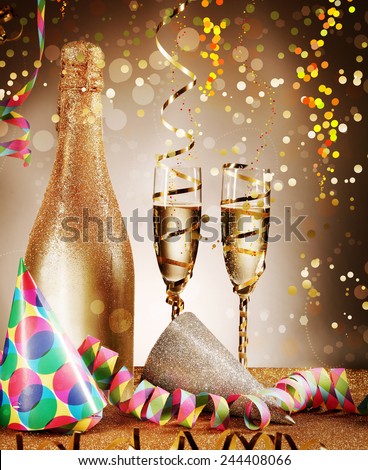 Elegant Festival Decoration Concept - Party Cone Hats and Wines with Streamers on Glittery Platform. Emphasizing Confetti Effect on Gradient Brown Background.