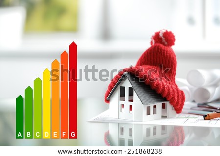 Energy efficiency concept with energy rating chart and a house with red bobble hat