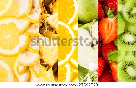 Colorful collage of vertical stripes with fresh nutritious fruits cut in slices or pieces as lemons, bananas, pineapple, Granny Smith apples, strawberries and kiwi, close-up