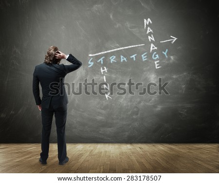 Rear View of Business Man Scratching Head in Confusion While Brainstorming Strategies to Success on Chalkboard in Business Concept Image