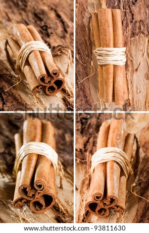 bunches of cinnamon sticks as a collage with a golden bow on a wooden background.