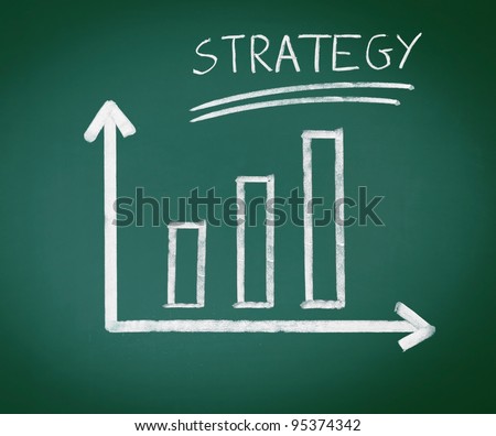 Strategy Bar Graph, handdrawn geometric bar graph showing a steady increase over three bars and the word strategy, conceptual of a successful strategy in business.