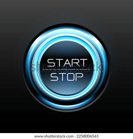 Start stop engine button blue light power on black design concept technology background vector illustration.