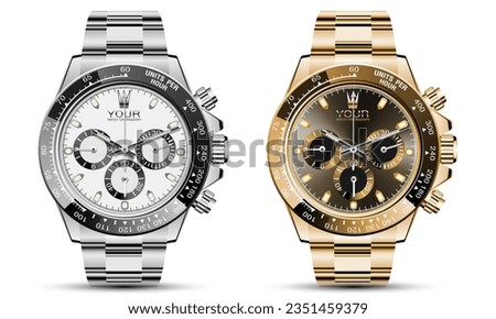 Realistic luxury clock watch chronograph silver gold collection on white background vector illustration.